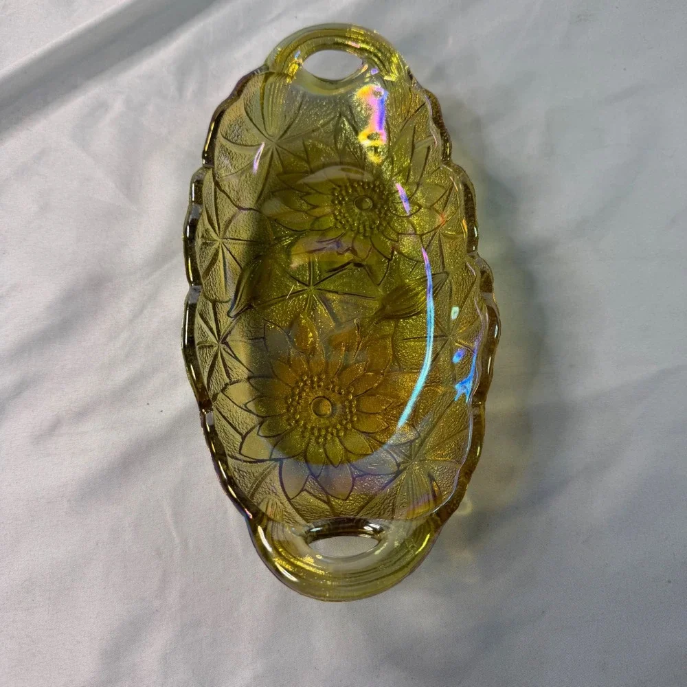 Vintage Sunflower Carnival Glass Relish Dish Marigold Iridescent Amber Tray